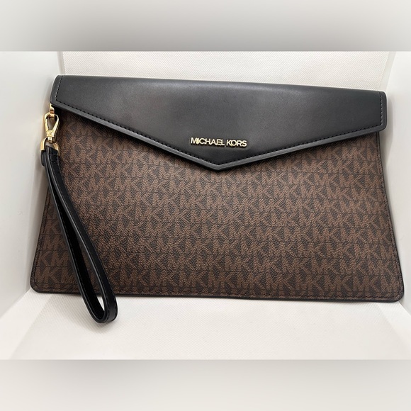 Michael Kors Signature Brown PVC & Brown Leather Clutch Large Wristlet Bag EUC - Picture 1 of 9